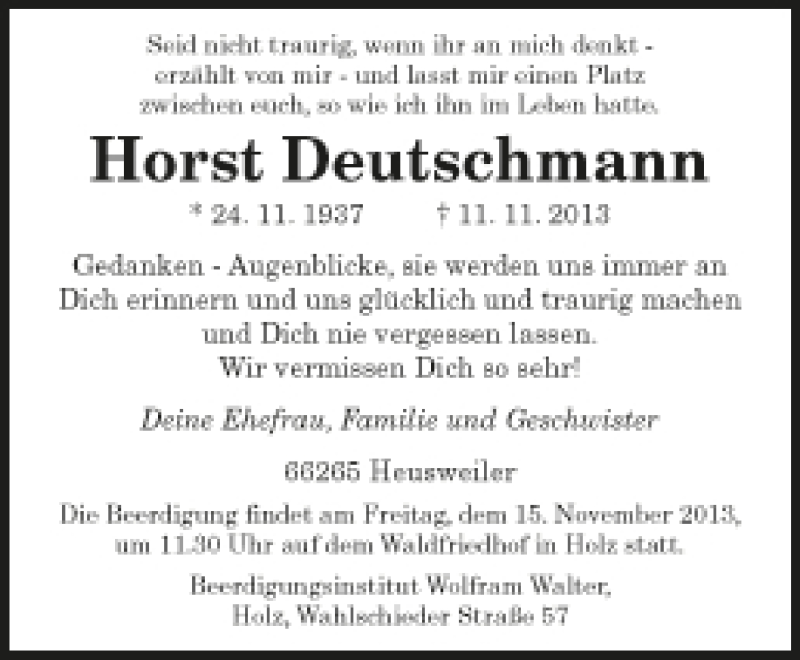  Traueranzeige für Horst Deutschmann vom 13.11.2013 aus Saarbrücker Zeitung